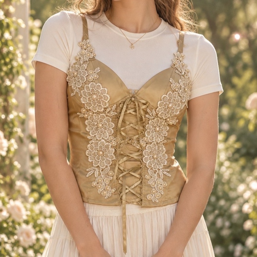 Body Central Gold Satin Lace Up Corset Top Pearl Floral Lace fairy whimsy y2k c5